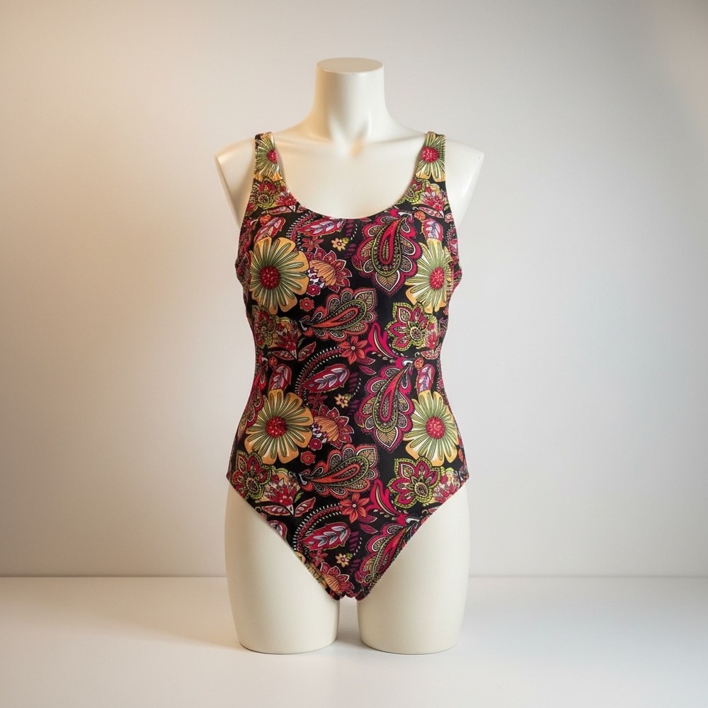 Nicole Miller Womens 1X One Piece Swimsuit Floral Paisley‎ Padded Scoop Neck